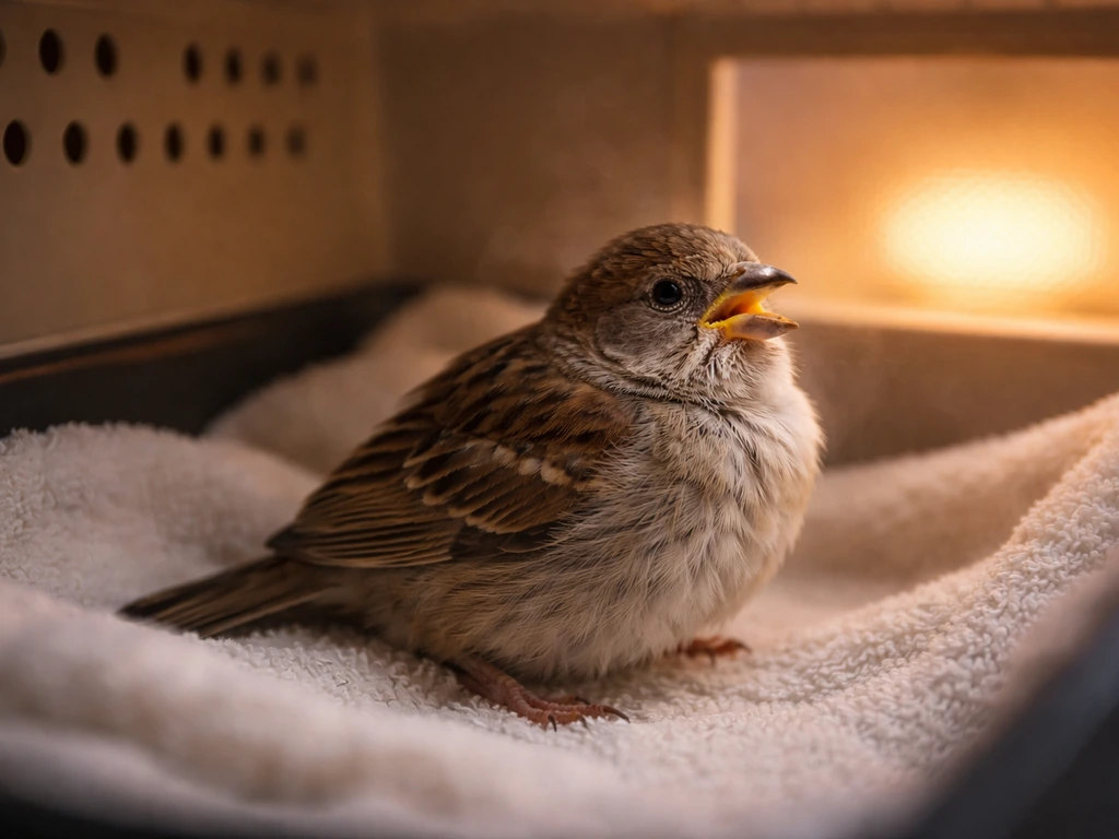 A small bird rests in a carrier near a warm heat lamp, suggesting breathing trouble before vet care.
