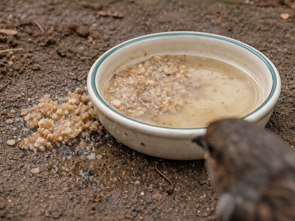 Close-up of a bird feeder dish with spilled damp food near a beak, suggesting environmental/aspiration risk.