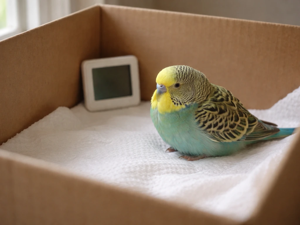 A calm bird resting in a warm quiet recovery box with a thermometer for temperature guidance