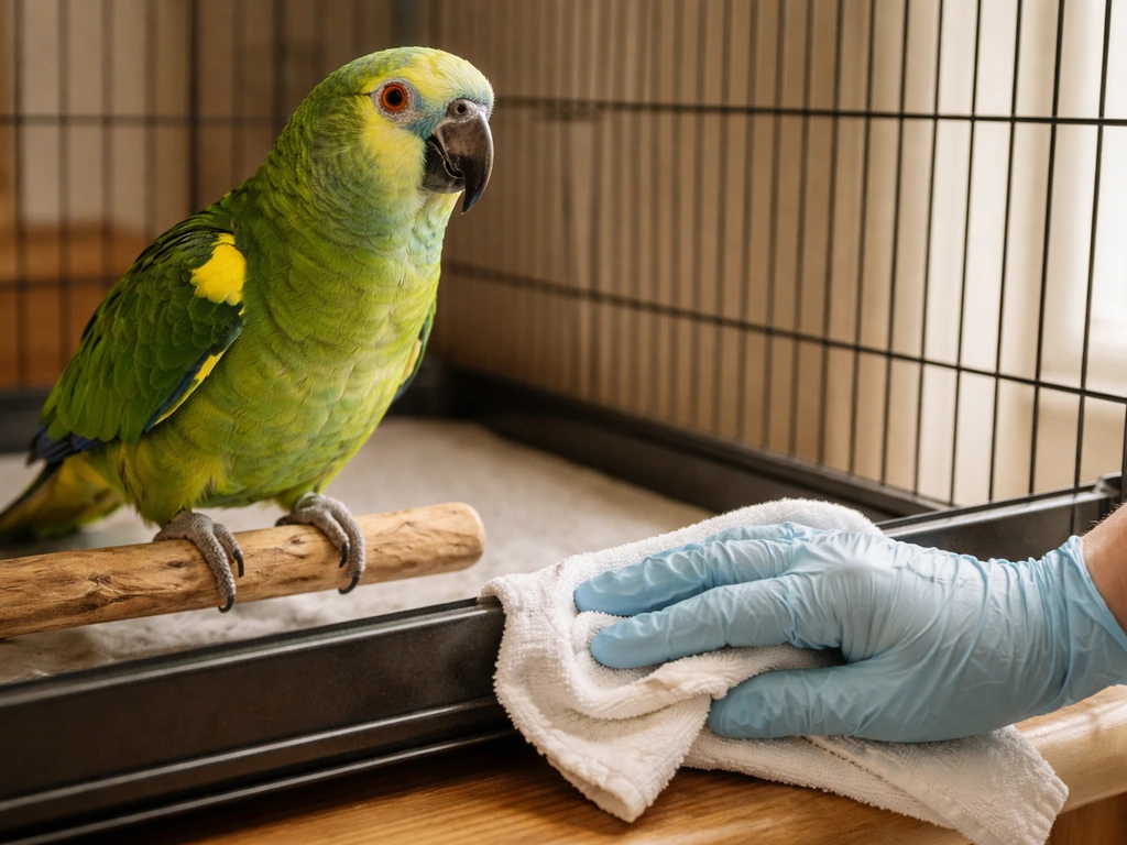 Close-up of a pet parrot perched while a gloved hand gently cleans nearby, emphasizing hygiene and safety