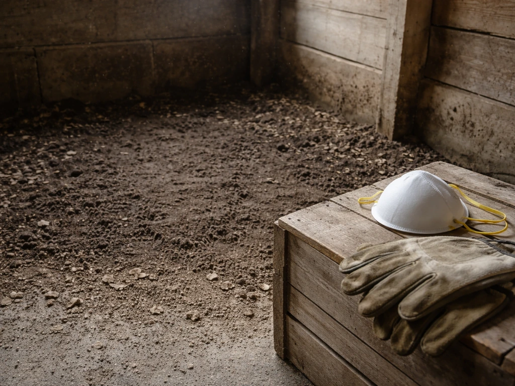 Gloves and an N95 mask beside dusty, dark soil with dried bird droppings in a loft/coop corner.