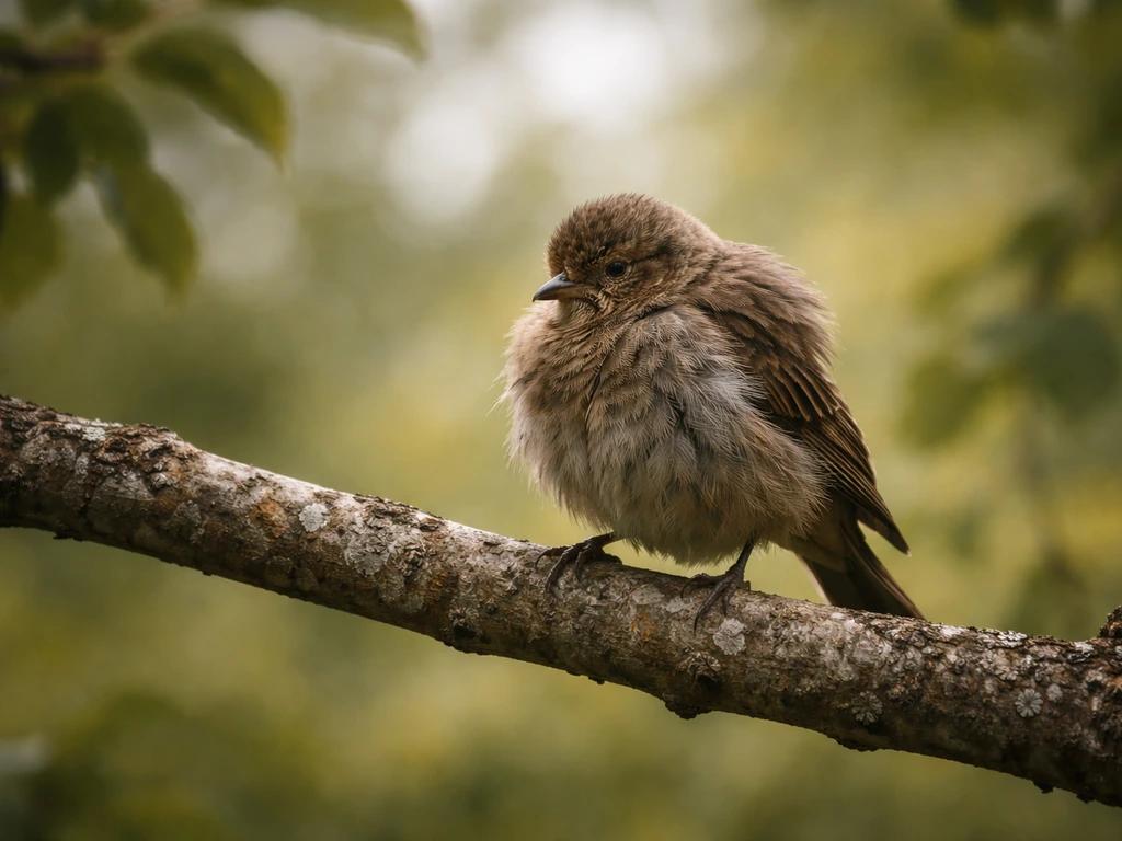 A wild bird with ruffled fluffed feathers, looking lethargic while perched on a quiet branch from a distance.