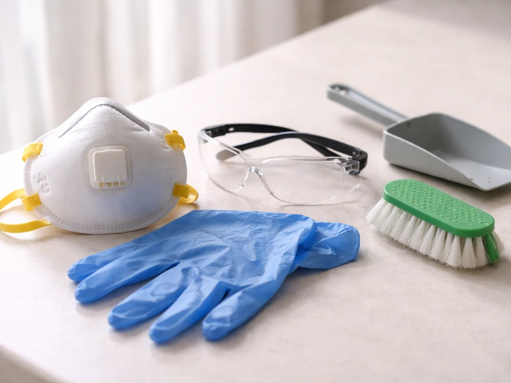 Disposable gloves, N95 mask, and eye protection laid out beside simple bird-cage cleaning tools.