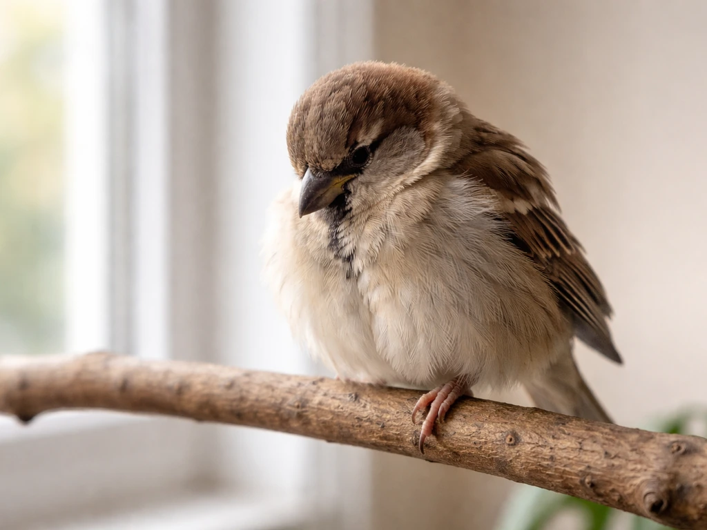 Small bird perched low and still, fluffed posture showing reduced activity and dull energy.