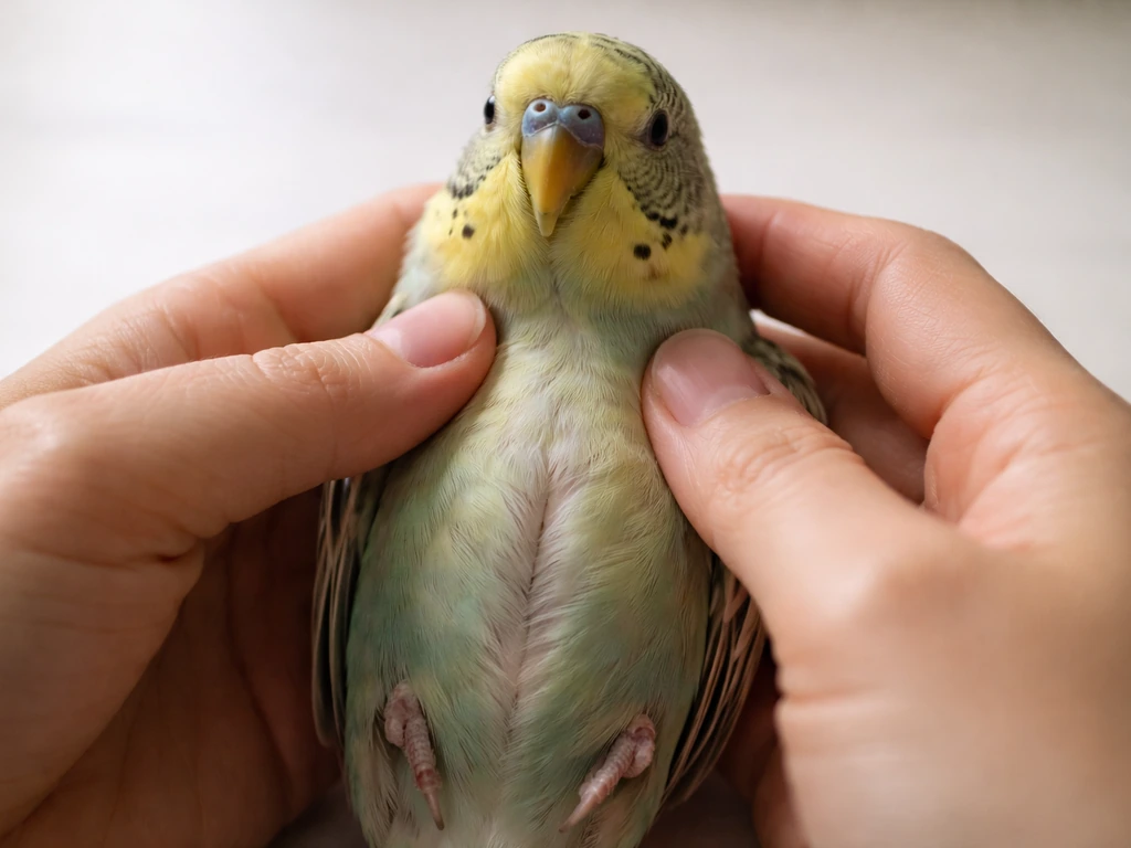 Small bird held gently by hands, showing subtly prominent breastbone under slightly ruffled feathers.
