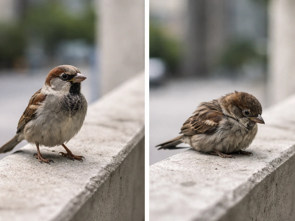 Side-by-side photo frames of a small bird in early vs late-stage starvation conditions on a simple ledge.