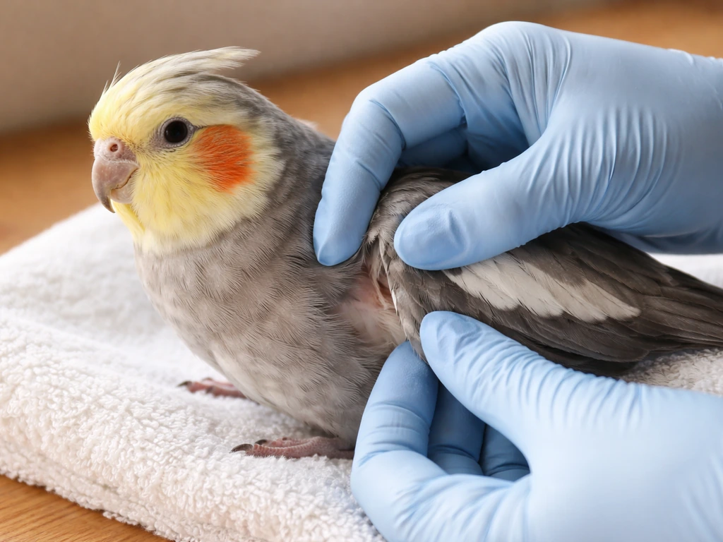Close-up of a caregiver’s gloved hands gently lifting a small pet bird’s wing to check dehydration skin tenting