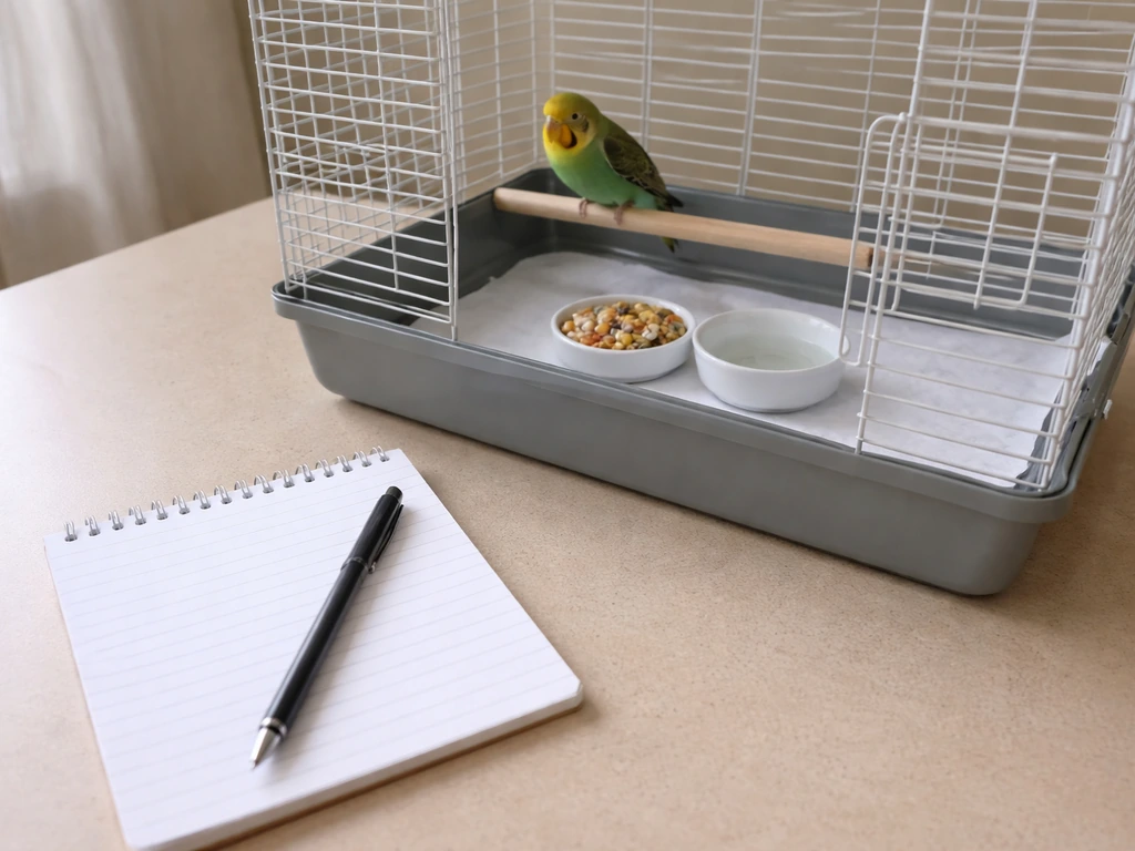 Pet birdcage with fresh food and water on the floor, plus a blank notepad nearby for observations.