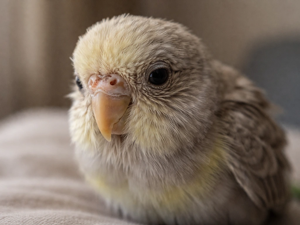 Close-up of a pet bird with dull, sunken eyes and dry-looking skin, signaling urgent dehydration