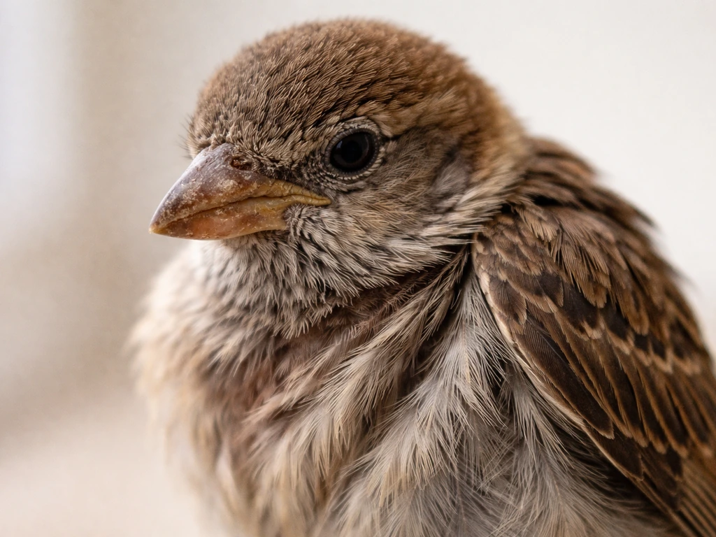 Close-up of a small bird showing dull sunken eyes, dry beak area, and pinched skin as dehydration signs