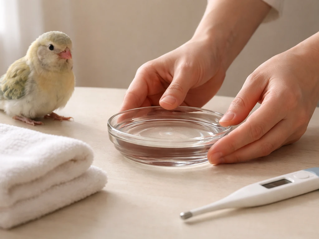Small pet bird near a freshly filled water dish, with a clean towel and thermometer for safe first aid.