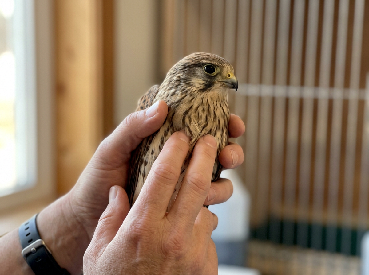 Keel bone check with fingers on a bird’s breast