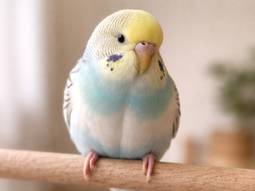 Calm pet bird perched indoors with chest and keel area prominent, gently breathing at rest.