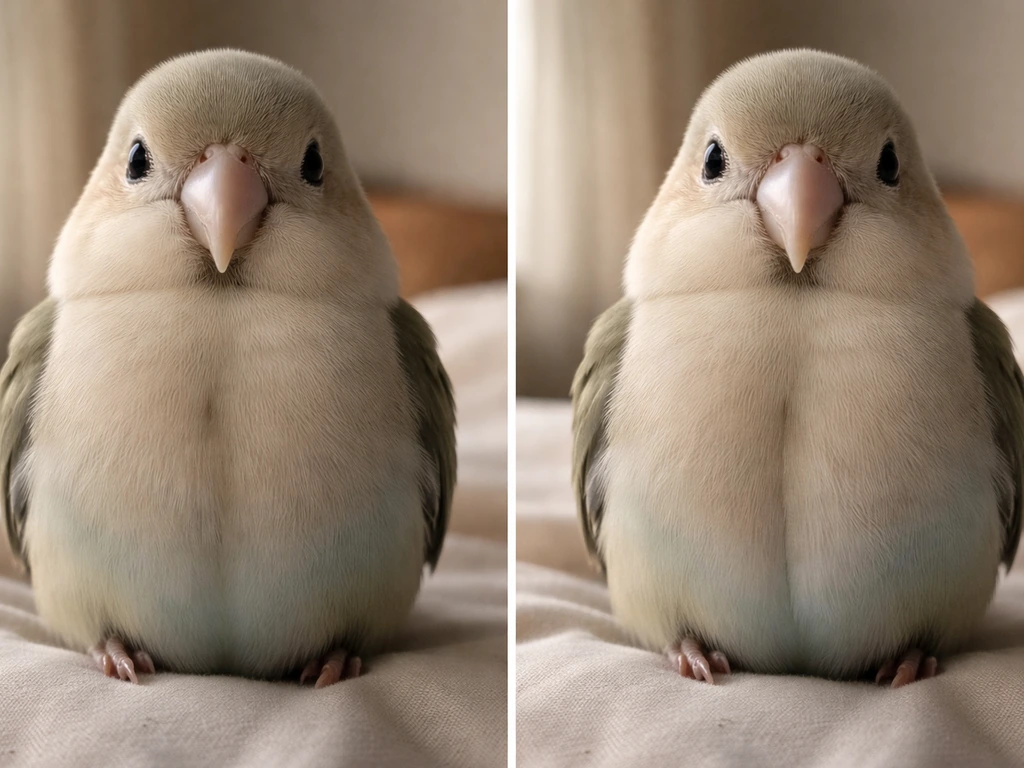 Close-up of a calm pet bird showing a smooth vs altered chest/keel contour in one minimal scene