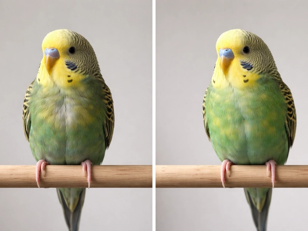 Two side-by-side pet birds on neutral perches: one visibly sunken-chested, the other with normal chest fill.