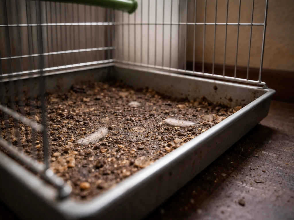 A quiet aviary corner with a cage floor showing damp, dusty substrate that suggests respiratory contamination risk.