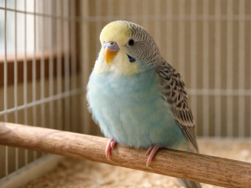 Close-up of a small pet bird in its cage, slightly fluffed and subdued, alert but quiet