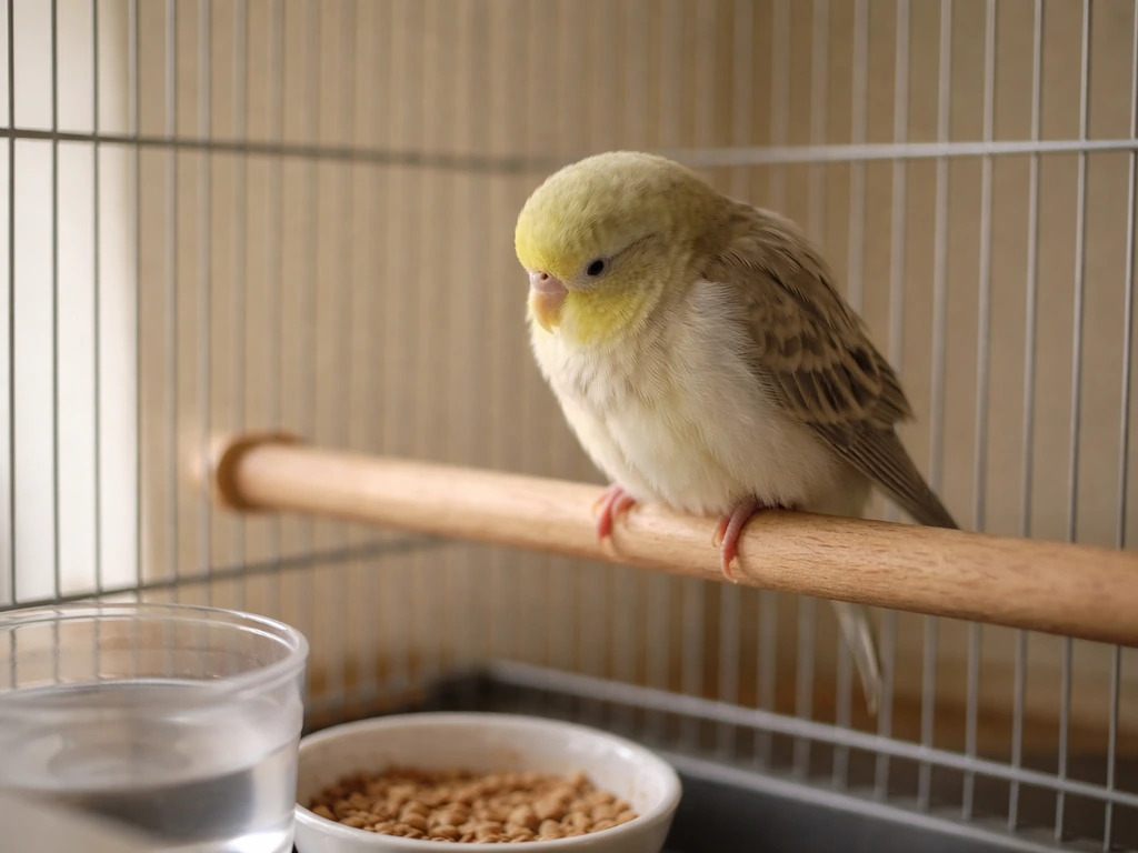 A fluffed, hunched small pet bird perched in a plain cage with water and food untouched nearby.