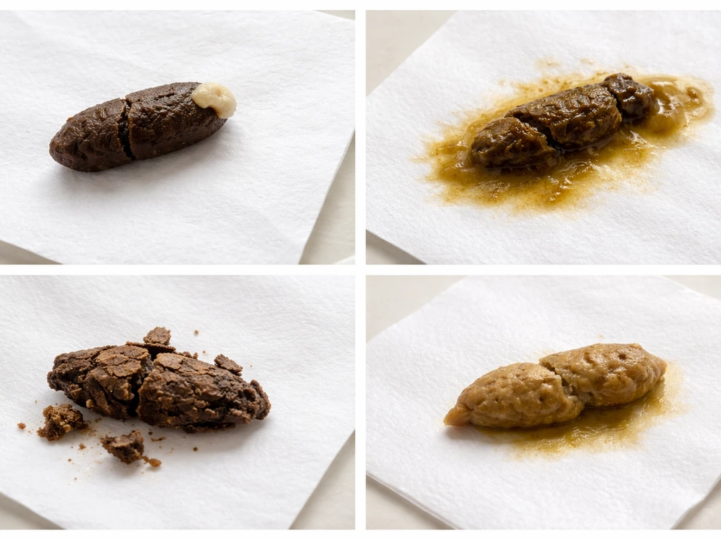 Close-up reference of normal, watery, dry, and dark/abnormal droppings textures on clean white surfaces.