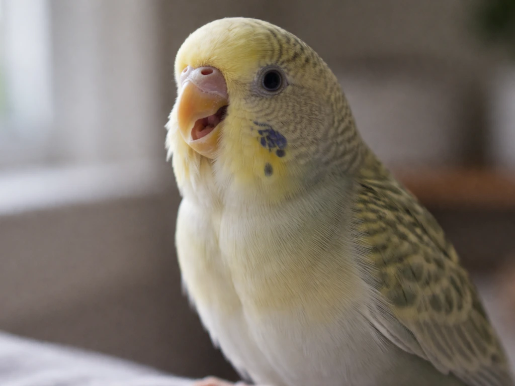 Close-up of a small bird with open-mouth breathing at rest, showing visible breathing distress