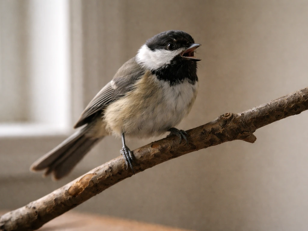 Small bird on a shaky perch, open-mouth breathing and distress in a quiet indoor setting