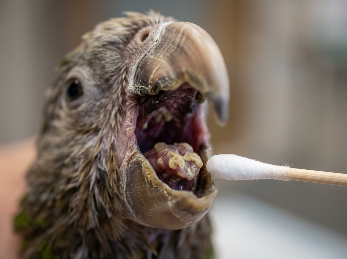 Off-white cheesy plaques inside a bird’s mouth (thrush-like signs) in close-up. Style: candid iPhone photo, natural ligh