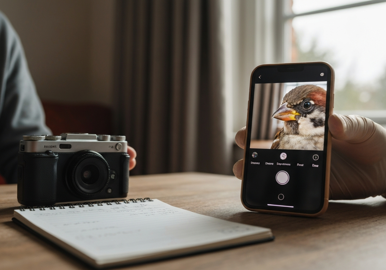 Owner preparing to document mouth lesions with photos and notes for vet care. Style: candid iPhone photo, natural light,