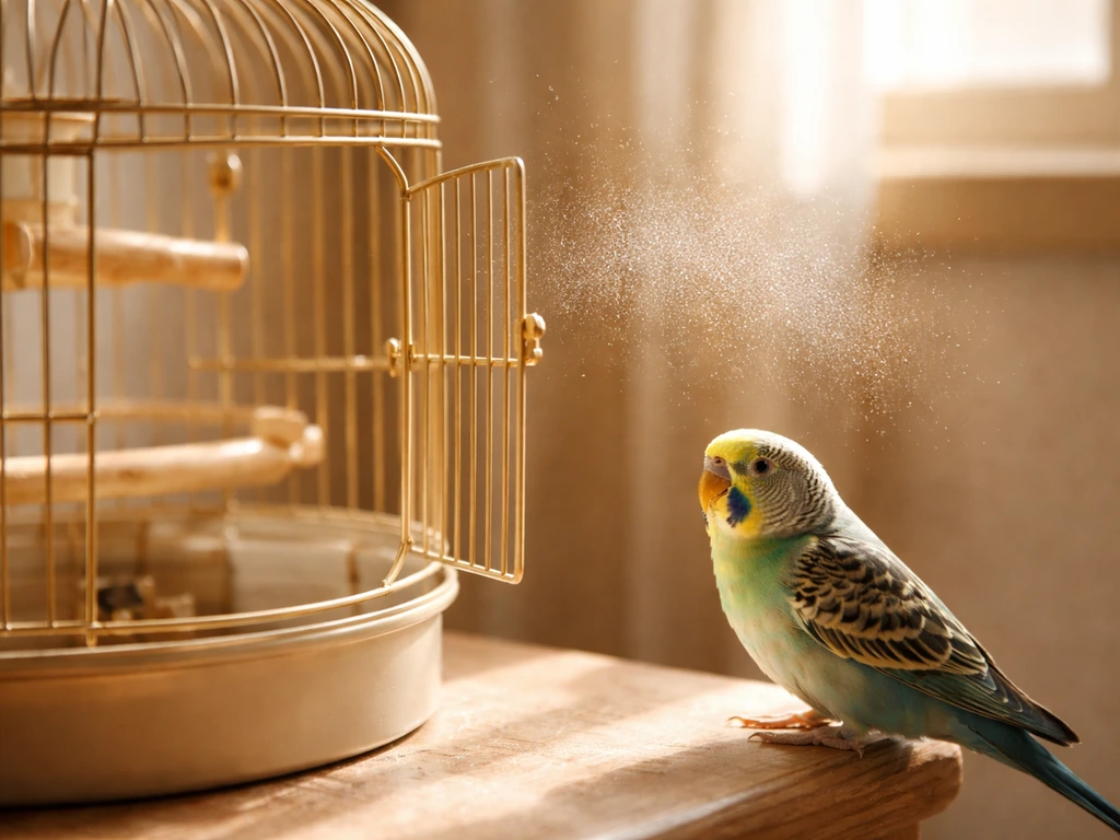 A pet bird near its cage with a faint dander dust plume in sunlight indoors.