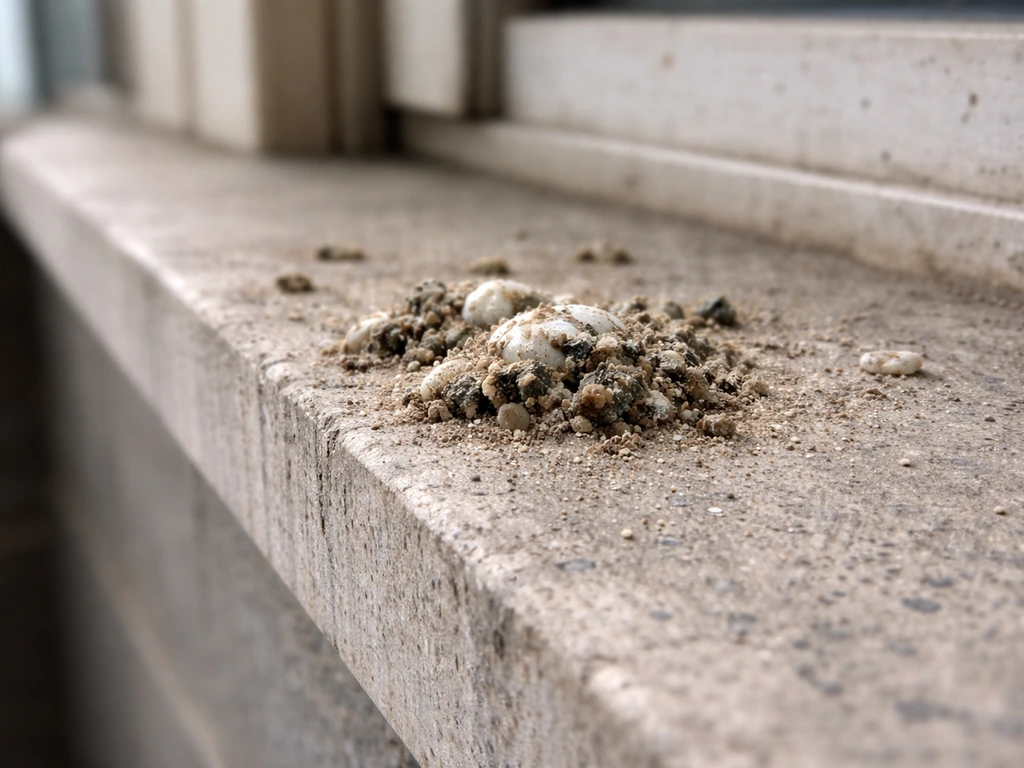 Dusty bird guano on an outdoor surface, close-up to suggest contamination risk when disturbed