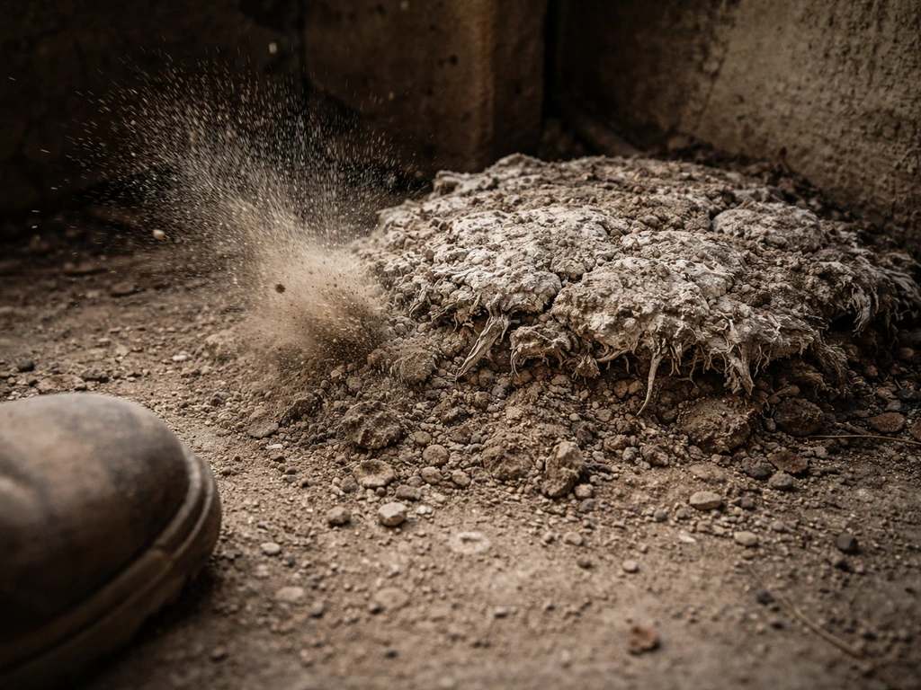Close-up of an old, dried bird guano pile being kicked, sending fine dust into the air