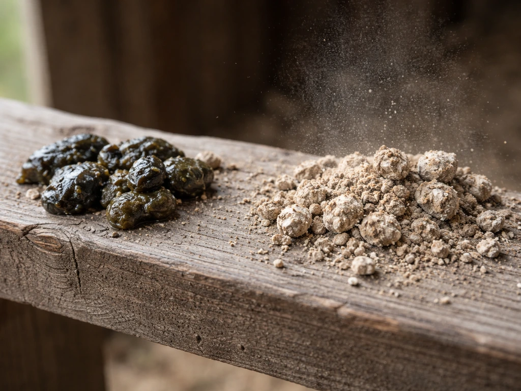 Close-up of crumbling dried bird droppings beside darker moist droppings on a roost-like ledge