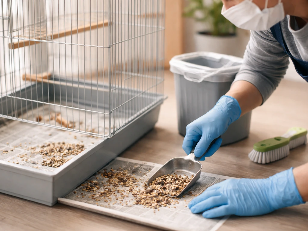 Gloved cleaner in mask removing built-up droppings from an empty bird cage tray with PPE on.