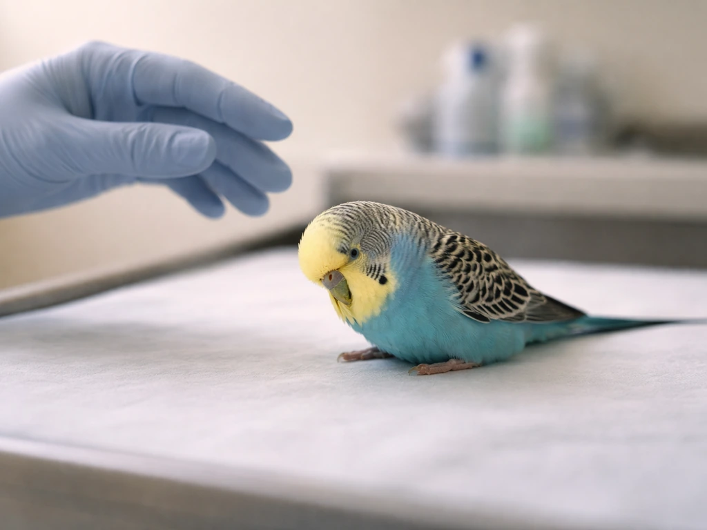 Small pet bird on a clinician-style exam surface with subtle head tilt, suggesting balance difficulty.