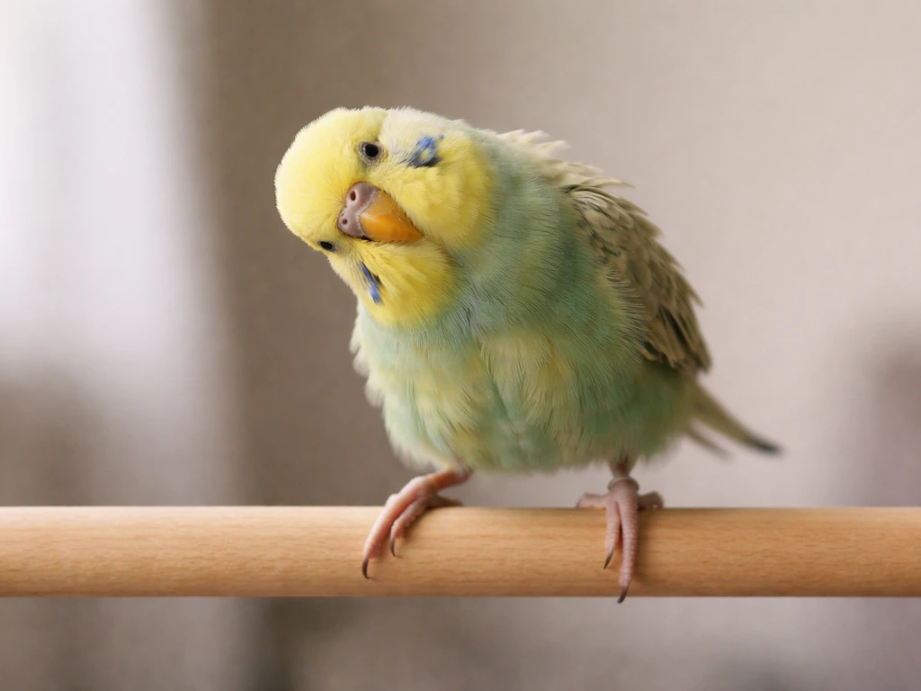 Close-up of a pet bird wobbling and stumbling in a simple indoor setting, suggesting balance issues.