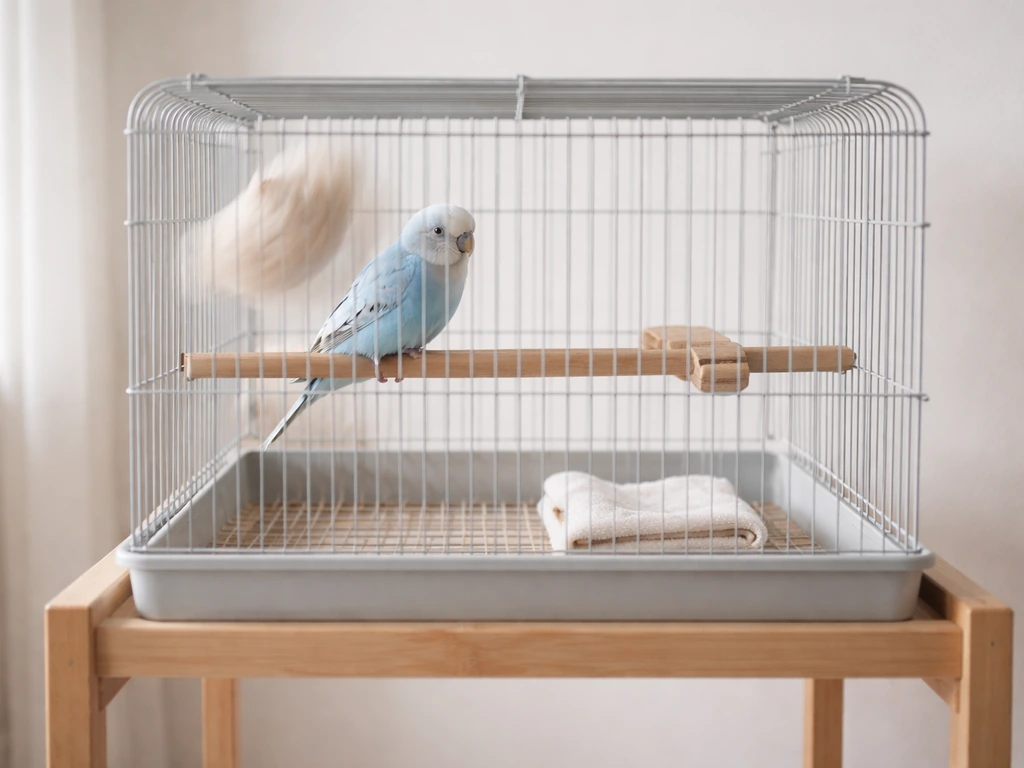 Small parakeet in a simple cage with props suggesting fine head/neck tremors and leg weakness cues.