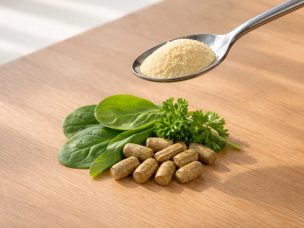 Spoon with thiamine supplement and small pile of pellets and leafy greens on a simple kitchen surface