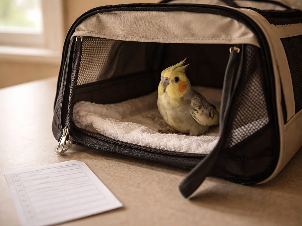 Pet bird in a padded carrier on a counter with a blank monitoring checklist nearby.
