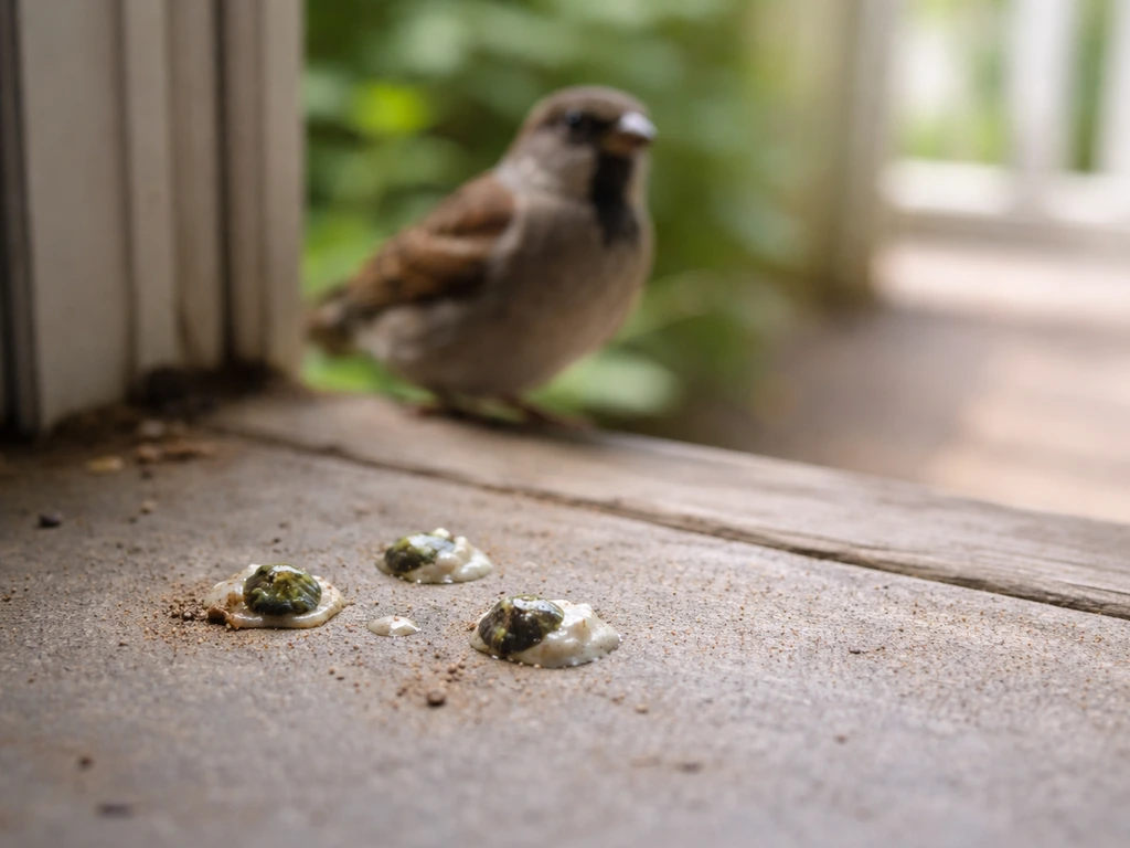 Wild bird perched by a porch/window ledge with visible droppings on the surface, suggesting contamination risk.