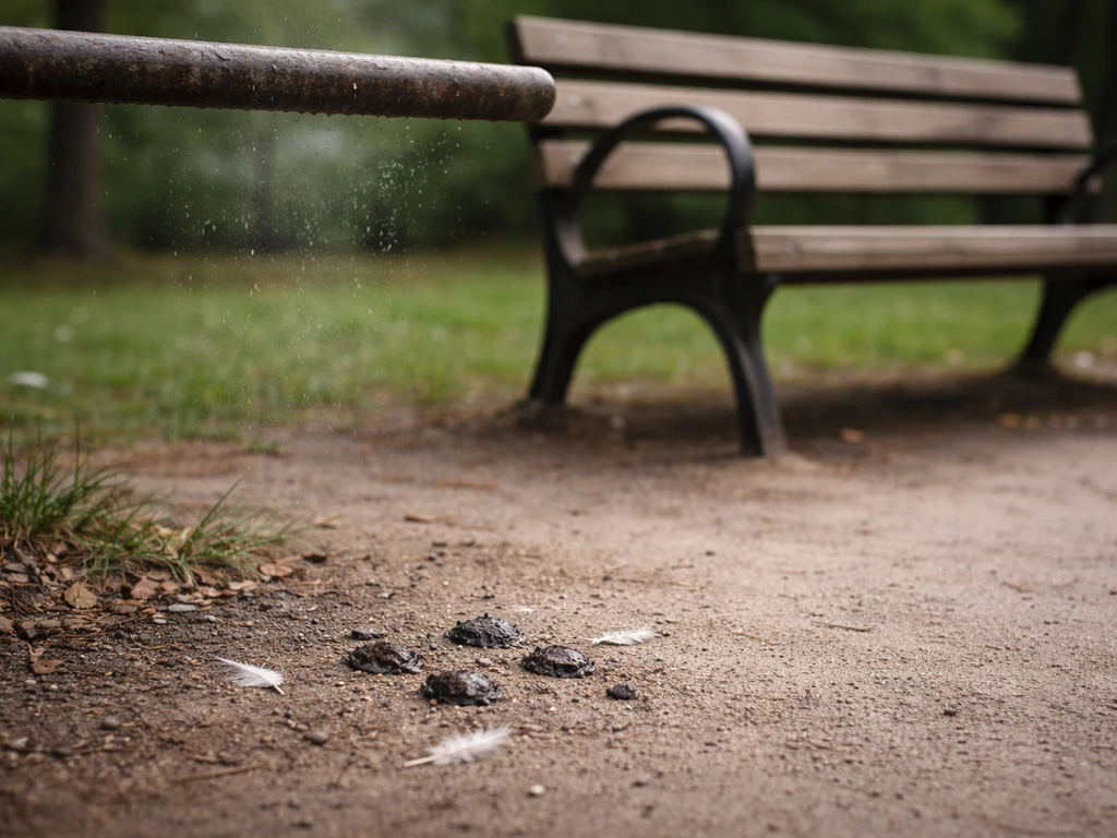 Outdoor ground under a perch with bird droppings, feather fragments, and faint mist suggesting contamination.