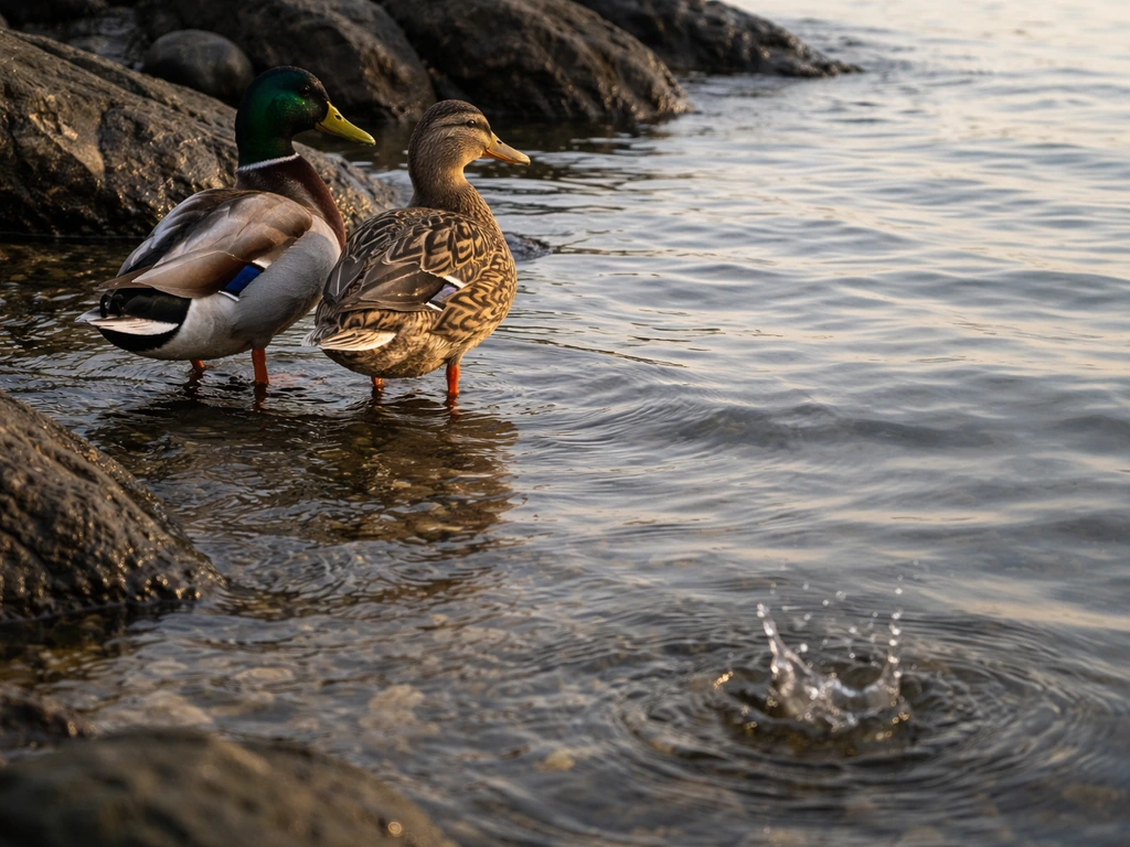 Wild ducks at a shoreline with subtle water droplets near their feet suggesting contamination risk.