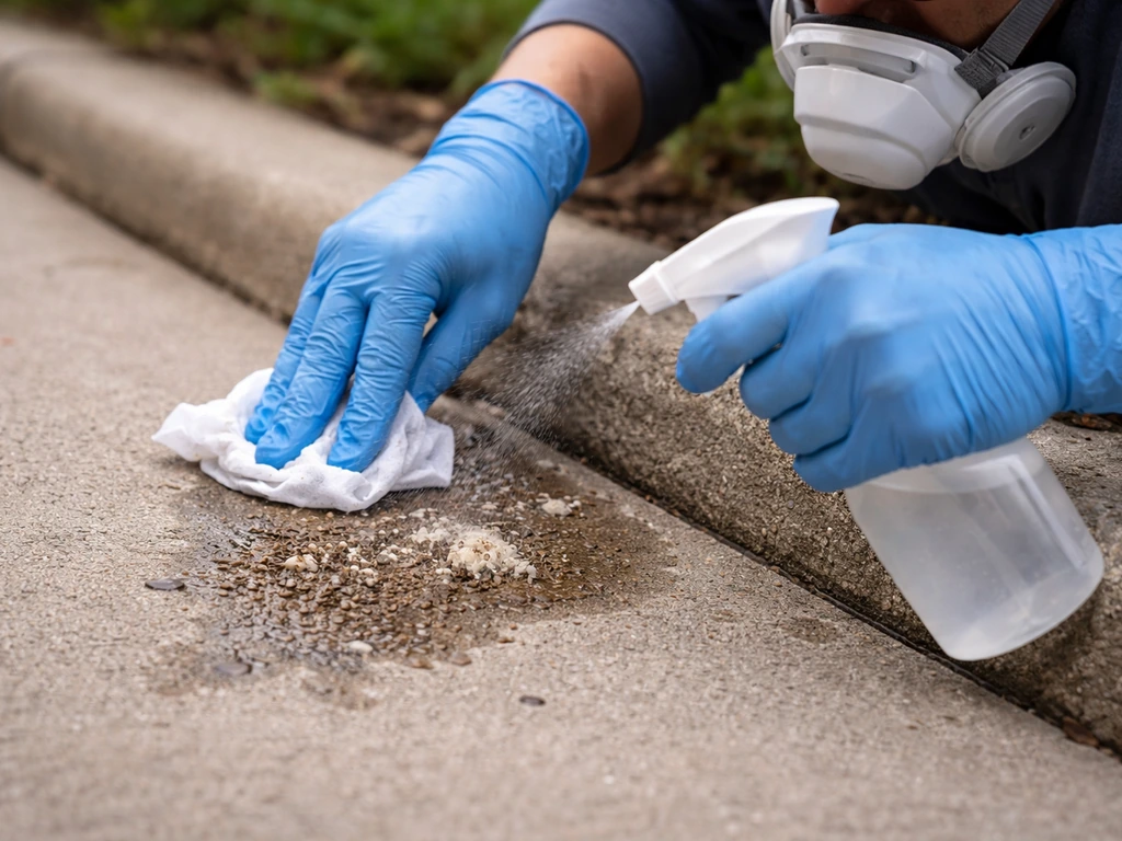 Gloved hands wearing a mask use a damp wipe to clean bird droppings from a sidewalk safely.
