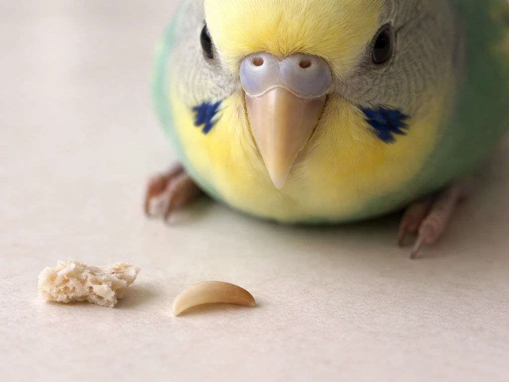 Top-down close-up of a healthy bird beak with a subtle normal-vs-contrast reference beside it.