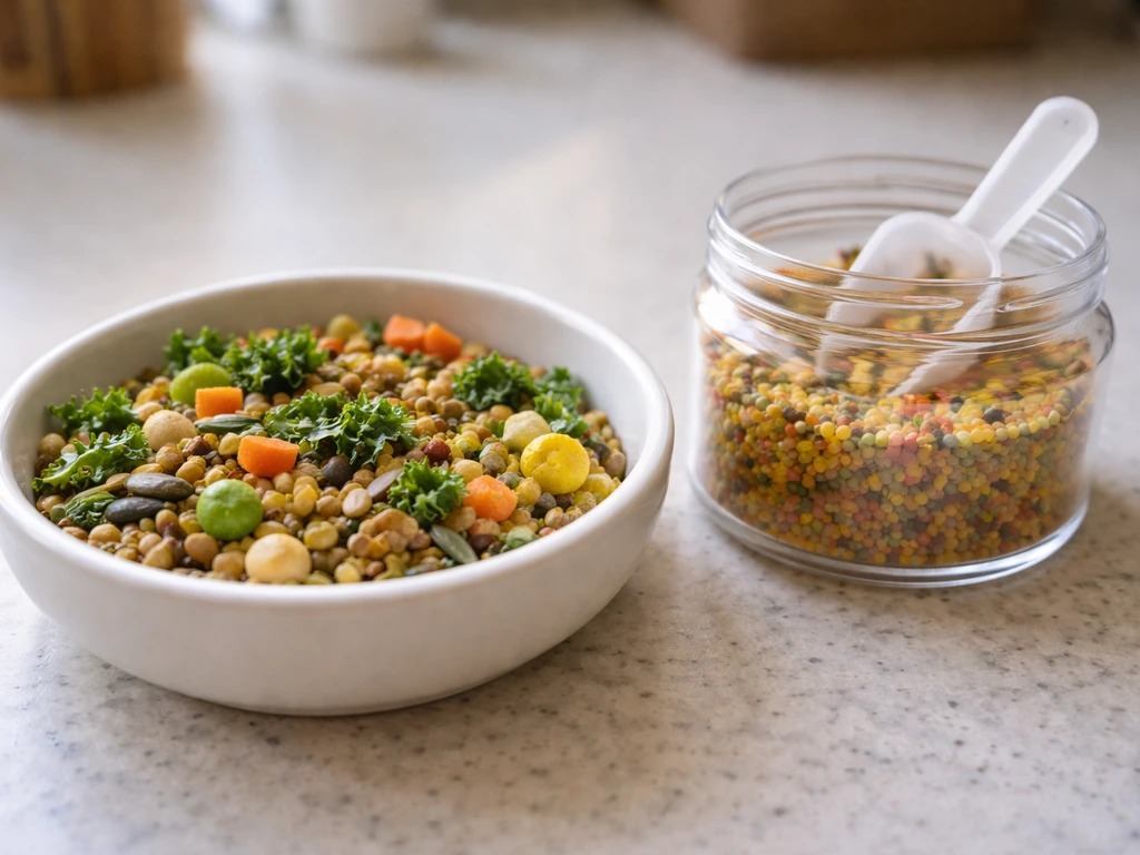 Close-up of balanced bird food mix in one dish and separate supplement container beside it.