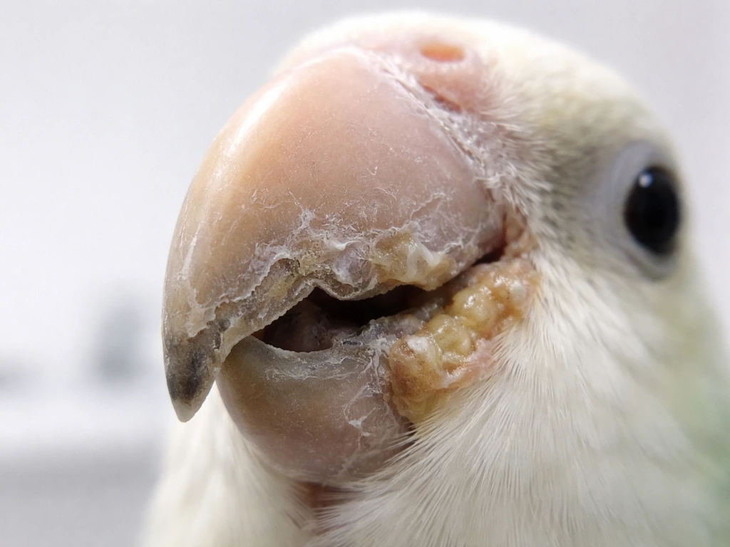 Close-up of a sick bird’s beak and beak area with visible keratin disorder and mild, non-graphic discharge