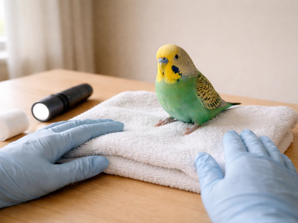 Calm vet-style gloved hands gently holding a small bird for at-home beak viewing with gauze and flashlight.