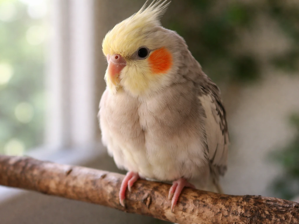 Close-up of a cockatiel perched calmly, subtly conveying a worried health concern.