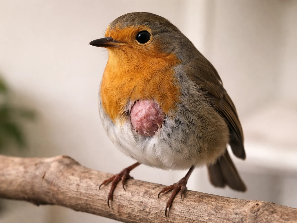 Small garden bird perched on a branch with an external irregular raised skin mass on its breast