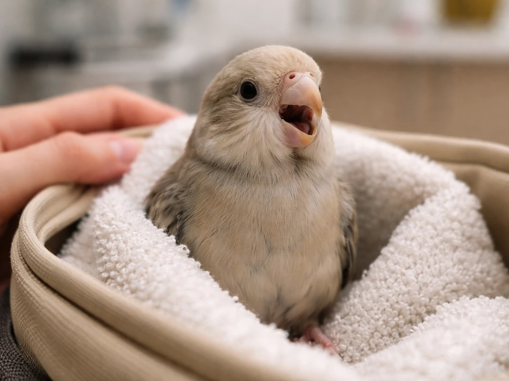 Close-up of a small bird with open-mouth breathing at rest, vet-like emergency atmosphere, no text.