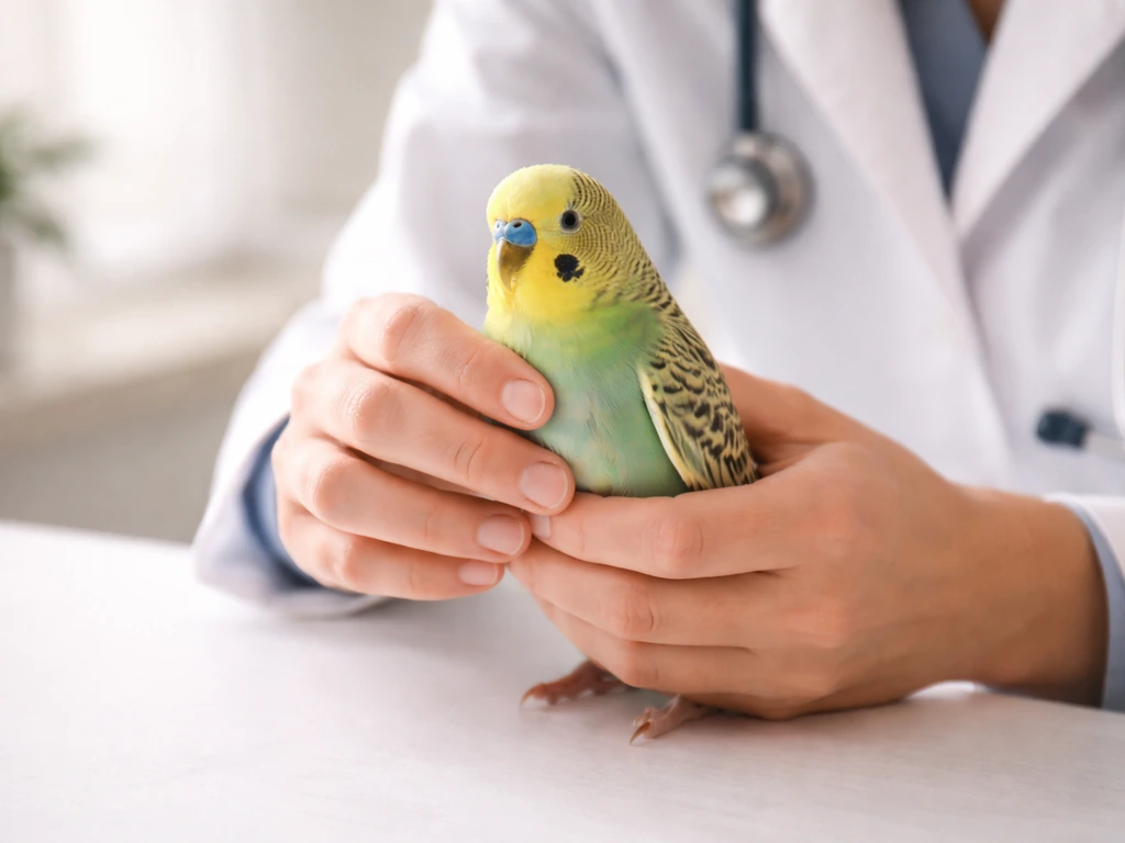 Anonymous vet gently palpates a calmly contained pet bird during an exam for suspected cancer.