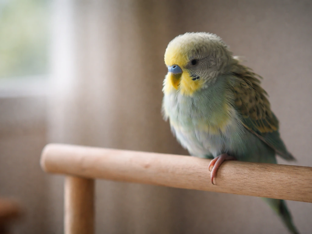 Small pet parrot perched with slightly fluffed feathers and a hunched, unwell posture indoors.
